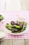 Roasted portobello mushrooms with spring onions and beetroot