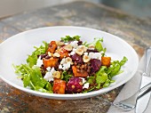 Lentil salad with rocket, beetroot, sweet potatoes, feta cheese and hazelnuts