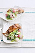 Grilled fish steak with a leak and radish salad