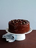 Chocolate angel cake on a cake stand