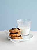 Chocolate chip and nut cookies with a glass of milk