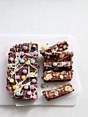 Chocolate fridge cake decorated with colourful chocolate beans