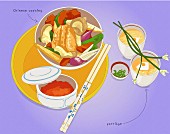 Chinesisches Gericht mit Stäbchen auf Teller (Illustration)