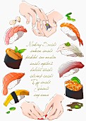 Sushi being made and various types of sushi (illustration)