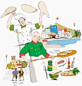 A chef, a pizza baker and typical sights and food from Italy