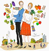 A couple with shopping bags surrounded by healthy food (illustration)