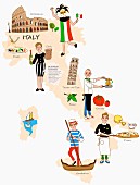 Symbolbild für Italien mit typischen Attraktionen auf Landkarte (Illustration)