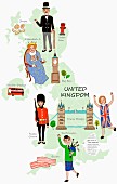 Symbolbild für England mit typischen Attraktionen auf Landkarte (Illustration)