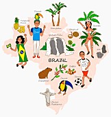 Symbolbild für Brasilien mit typischen Attraktionen auf Landkarte (Illustration)