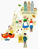 Symbolbild für die Niederlande mit typischen Attraktionen auf Landkarte (Illustration)