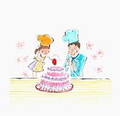 Bäcker beim Verzieren einer Torte (Illustration)