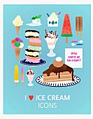 Various illustrations of ice cream against a blue background (illustration)