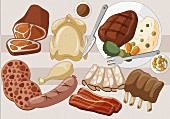 Stillleben mit verschiedenen Wurst- & Fleischwaren (Illustration)