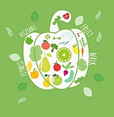 Template mit Obst, Gemüse & Fitnessgeräten auf Umriss einer Paprikaschote (Illustration)