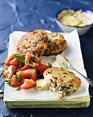 Fish cakes with tomato salad and mayonnaise