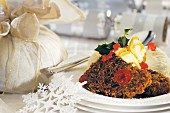 Christmas pudding with vanilla ice cream