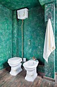 Toiler with cistern and bidet against green, sponged wall in rustic bathroom