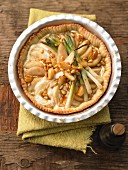 Spicy pear tart with candied garlic