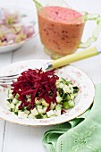 A vegetable salad with a sweet and spicy plum dressing