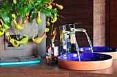 Water running into designer sink next to potted pitcher plant