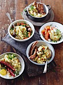 Various mashed potato dishes with sausages