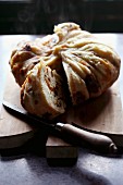 Freshly baked yeast cake with dried fruits, sliced