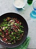 Salad with grilled aubergines, lentils, pomegranate seeds and sesame yoghurt