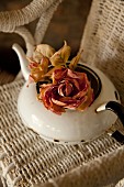 Roses in vintage, white enamel teapot on wicker chair