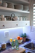 Detail of kitchen; white crockery on shelves with integrated drawers above kitchen counter