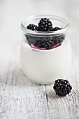 Yoghurt with blackberries in a small jar