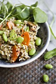 Quinoa with baby asparagus, carrots, Edamame beans and spring onions