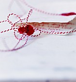 Bow of red and white bakers' twine sealed with sealing wax and stamp of treble clef