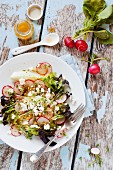 Salad with radishes, feta cheese and pistachios