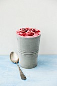 Homemade raspberry ice cream in a metal cup