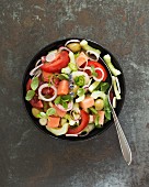 A summer salad with tomatoes, cucumber, melon, olives and herbs