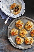 Filo pastry sacks filled with spinach, mushrooms and Greyerzer cheese