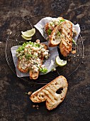 Grilled bread with prawn salad and cress