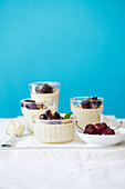 White chocolate and rose-water mousse with sugar-grilled cherries