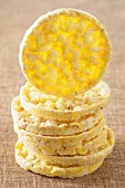 A stack of corn crackers, one standing on its edge