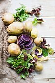 An arrangement of potatoes and lettuce leaves
