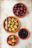 Various olives: dried, Kalamata, stuffed with pepper and stuffed with piri piri