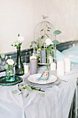 Fairy-tale dining table decorated for wedding with birdcage and many candles