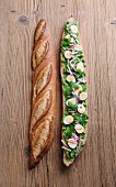 A baguette with avocado and pea cream