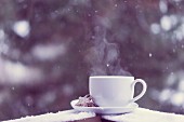 Eine Tasse heißer Tee mit Plätzchen auf Untertasse auf verschneitem Balkon