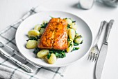 Grilled salmon with gnocchi and greens