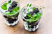 Two glasses of water with blackberries, ice cubes and mint
