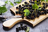 Blackcurrants with leaves on a chopping board