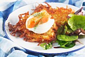 Potato cakes with sour cream and smoked salmon on a blue-and-white plate