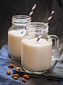 Homemade organic almond milk in two jars with paper straws