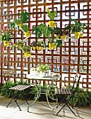 Tisch mit zwei Stühlen auf der Terrasse vor dekorativer Sichtschutzwand mit Lochmuster, daran aufgehängte Blumentöpfe